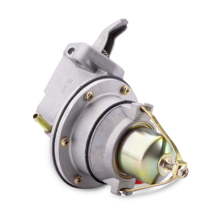 A silver metal fuel pump with brass-colored screws, a black rubber gasket, and a gold-toned internal coil, isolated on a white background.