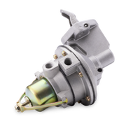 A fuel pump assembly with a silver cast body, brass-colored screws and fittings, and a greenish metallic impeller housing, isolated on a white background.