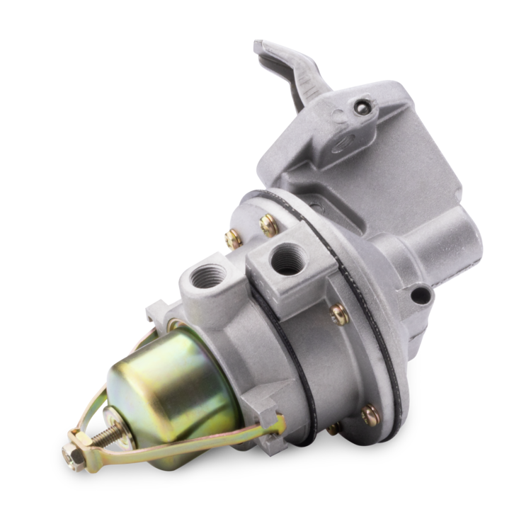 A fuel pump assembly with a silver cast body, brass-colored screws and fittings, and a greenish metallic impeller housing, isolated on a white background.