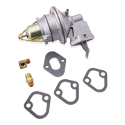 A metal fuel pump assembly with a brass-colored cylinder and three flat black gaskets, shown on a plain white background.