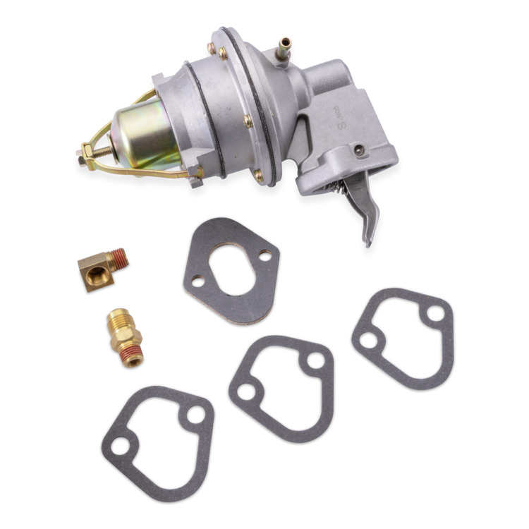 A metal fuel pump assembly with a brass-colored cylinder and three flat black gaskets, shown on a plain white background.