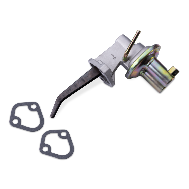 An automotive fuel pump with a black needle valve and two dark gray gaskets, shown on a solid white background.