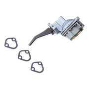 A fuel pump assembly with a dark lever, shown on a plain white background with three dark gaskets placed to the left.