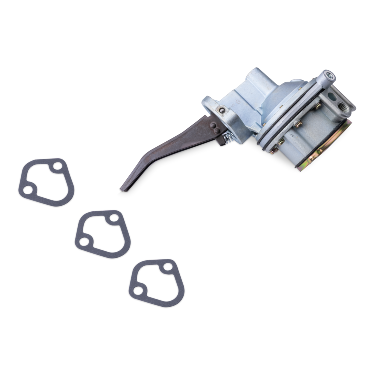 A fuel pump assembly with a dark lever, shown on a plain white background with three dark gaskets placed to the left.
