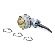 A fuel pump assembly with a light gray body, gold-toned metal core, black lever, and three matching gaskets on a plain white background.