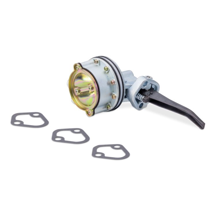 A fuel pump assembly with a light gray body, gold-toned metal core, black lever, and three matching gaskets on a plain white background.