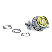 A fuel pump with a metallic silver body, a gold-toned circular valve cover, and four black gaskets, shown on a plain white background.