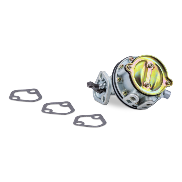 A fuel pump with a metallic silver body, a gold-toned circular valve cover, and four black gaskets, shown on a plain white background.