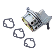 A silver metal fuel pump with a black adjustment screw and three dark gray gaskets, photographed on a clean white background.