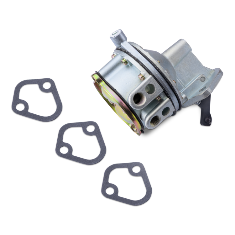 A silver metal fuel pump with a black adjustment screw and three dark gray gaskets, photographed on a clean white background.