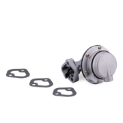 A silver metal fuel pump shown on a white background, accompanied by three dark gray gaskets arranged diagonally.
