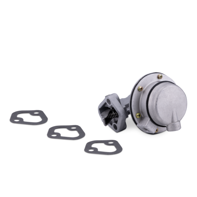 A silver metal fuel pump shown on a white background, accompanied by three dark gray gaskets arranged diagonally.