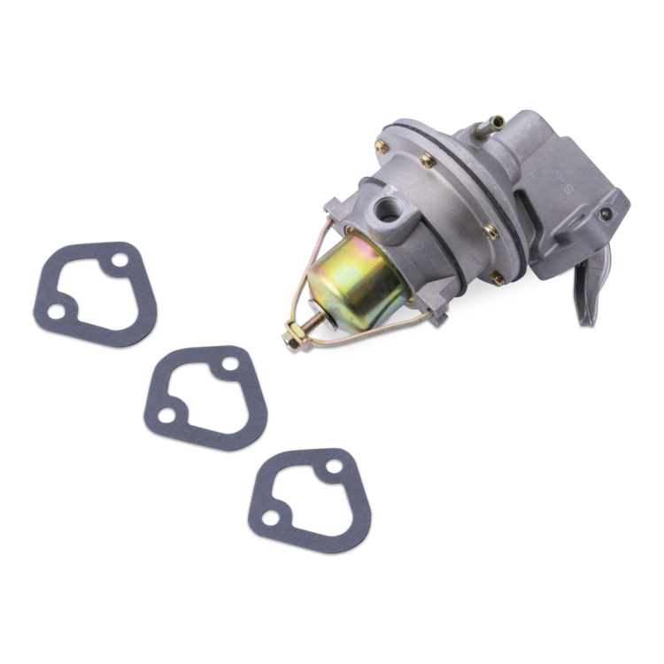 A fuel pump assembly with a small gold-toned coil, shown on a white background with three dark gray gaskets.