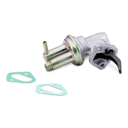 A metal solenoid valve with a black plastic lever and two light green gaskets, photographed on a clean white background.