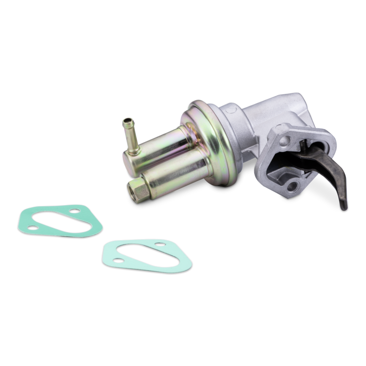 A metal solenoid valve with a black plastic lever and two light green gaskets, photographed on a clean white background.
