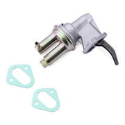 A metal solenoid valve with a black plastic lever, shown on a white background with two light blue gaskets.
