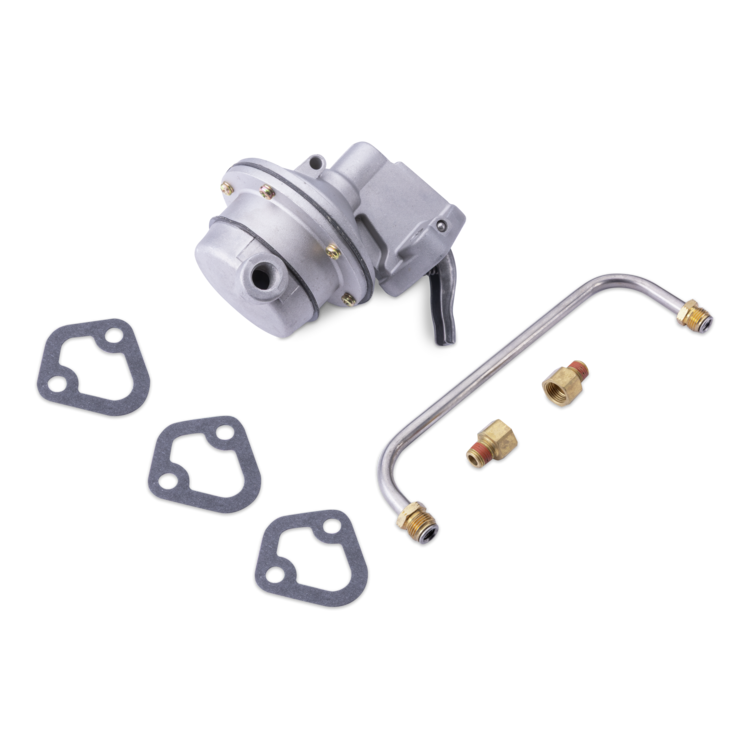 A silver metal pump assembly with a curved metal tube, brass fittings, and three dark gray gaskets, arranged on a clean white background.