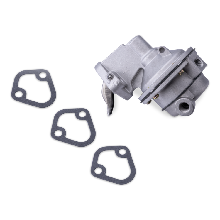 A silver metal fuel pump shown on a white background with three dark gray gaskets arranged to the left.