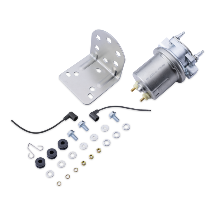 A mechanical kit featuring a silver metal fuel pump, a matching bracket, a black wire with a connector, and various mounting hardware including screws, washers, and rubber gaskets, all arranged on a solid white background.