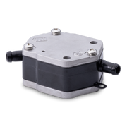 A hexagonal fuel pump with a silver metallic top plate, black body, and black plastic outlet connectors on both sides, shown on a plain white background.