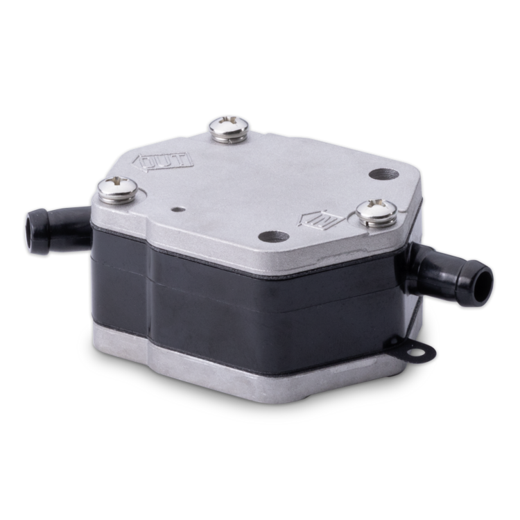 A hexagonal fuel pump with a silver metallic top plate, black body, and black plastic outlet connectors on both sides, shown on a plain white background.