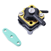 A fuel pump with a black body, gold top plate, silver screws, and black plastic tubes, shown on a white background alongside a mint green flat mounting piece.