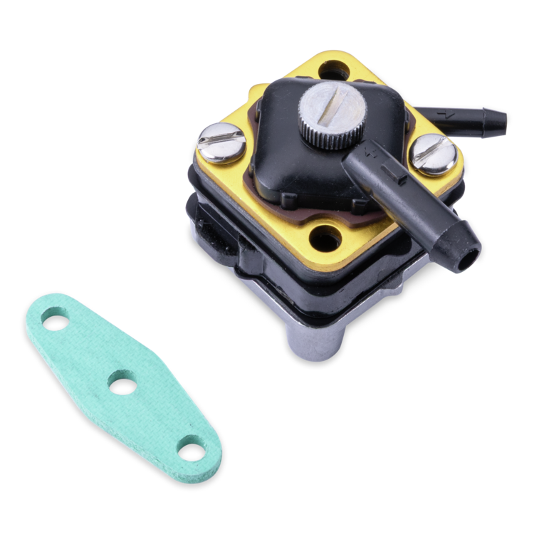 A fuel pump with a black body, gold top plate, silver screws, and black plastic tubes, shown on a white background alongside a mint green flat mounting piece.