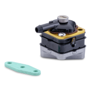 A fuel pump with a black body, silver metal base, gold top plate, and a silver adjustment knob, shown alongside a mint green flat mounting piece on a plain white background.