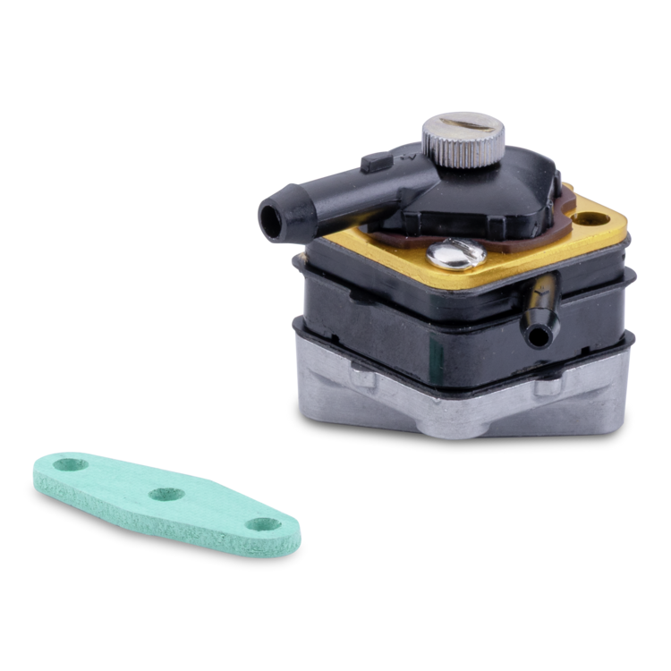 A fuel pump with a black body, silver metal base, gold top plate, and a silver adjustment knob, shown alongside a mint green flat mounting piece on a plain white background.