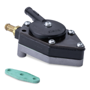A black and silver metal pump assembly with a brass fitting, shown on a white background with a small green mounting gasket below it.