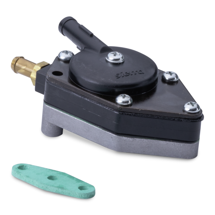 A black and silver metal pump assembly with a brass fitting, shown on a white background with a small green mounting gasket below it.