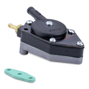 A Sierra fuel pump with a black plastic body, silver metal base, brass inlet tube, and a separate mint green filter element on a white background.