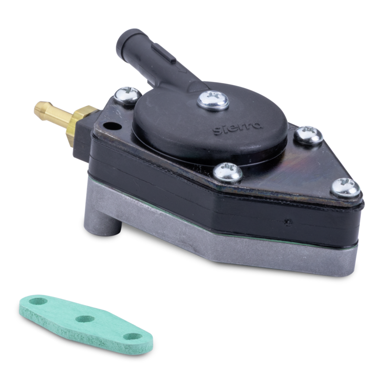A Sierra fuel pump with a black plastic body, silver metal base, brass inlet tube, and a separate mint green filter element on a white background.