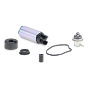 A fuel pump assembly kit with a cylindrical fuel pump, a metal thermostat, black rubber gaskets, O-rings, and a mounting bracket, displayed on a clean white background.