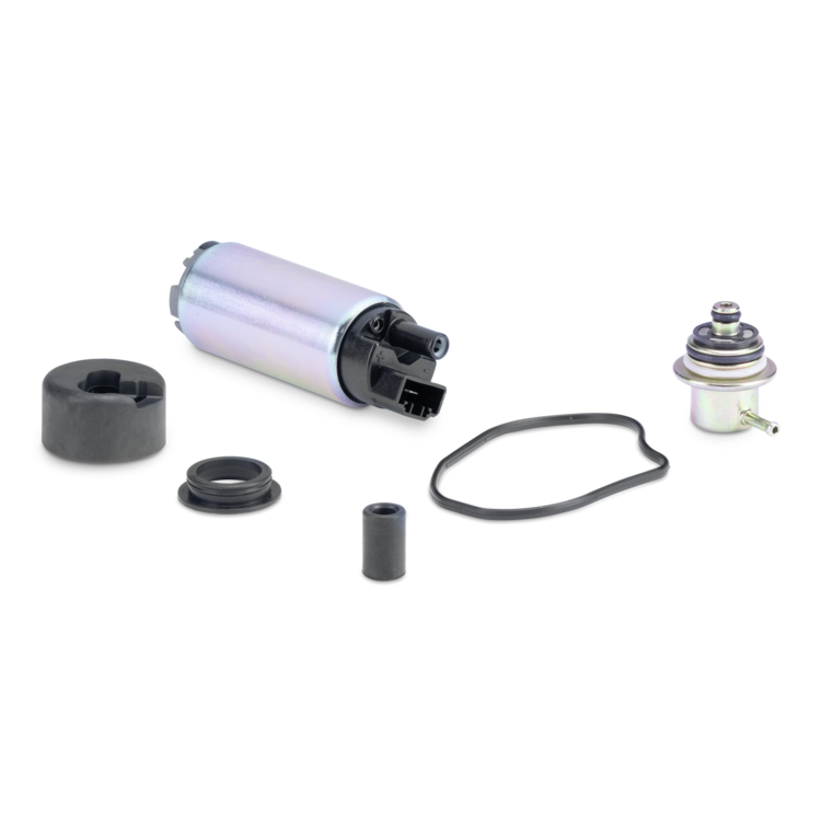 A fuel pump assembly kit with a cylindrical fuel pump, a metal thermostat, black rubber gaskets, O-rings, and a mounting bracket, displayed on a clean white background.