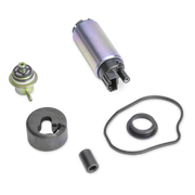 A fuel pump kit with a cylindrical metallic fuel pump, a small brass valve, a black plastic ring, a black rubber gasket, and a black cylindrical component, all arranged on a plain white background.