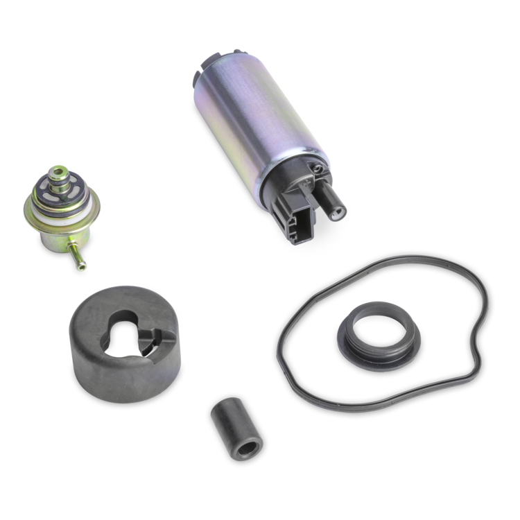 A fuel pump kit with a cylindrical metallic fuel pump, a small brass valve, a black plastic ring, a black rubber gasket, and a black cylindrical component, all arranged on a plain white background.