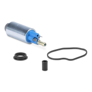 A cylindrical metal fuel pump with a blue plastic connector section, shown alongside black rubber gaskets and a small black cylindrical component on a plain white background.