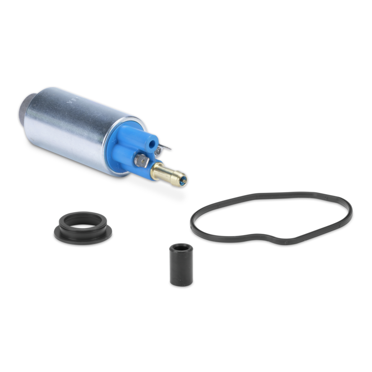 A cylindrical metal fuel pump with a blue plastic connector section, shown alongside black rubber gaskets and a small black cylindrical component on a plain white background.