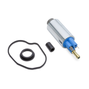 A fuel pump assembly kit on a white background, featuring a silver cylindrical body, a blue connector with a brass pin, a black cap, a black gasket, and a black O-ring.