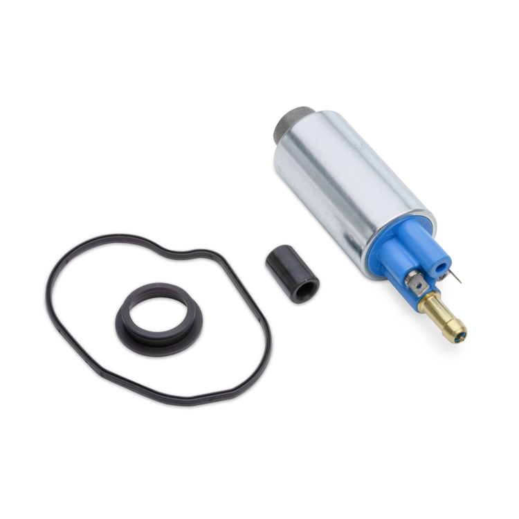 A fuel pump assembly kit on a white background, featuring a silver cylindrical body, a blue connector with a brass pin, a black cap, a black gasket, and a black O-ring.
