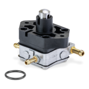 A small mechanical pump assembly with a black top housing, silver metal base, brass-colored tubes, and a separate black O-ring on a clean white background.