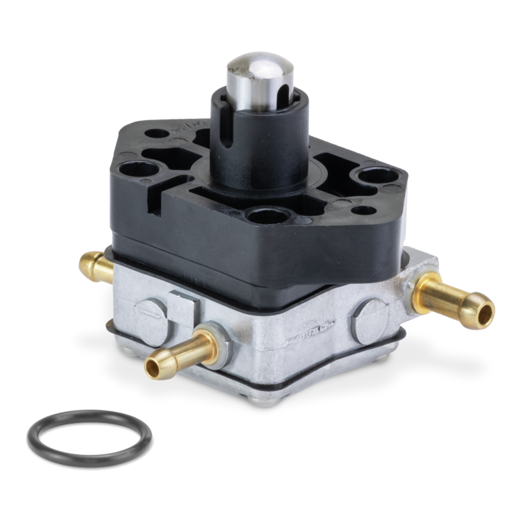 A small mechanical pump assembly with a black top housing, silver metal base, brass-colored tubes, and a separate black O-ring on a clean white background.