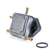 A metal and black plastic pump assembly with brass fittings, shown on a white background with a black rubber O-ring.