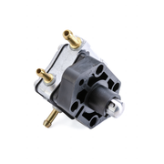 A small automotive or appliance pump component with a black molded body, silver metal housing, and brass-colored hose connectors, photographed on a clean white background.