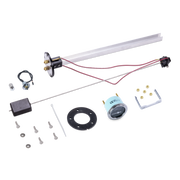 A complete kit of components for a linear actuator, including a long silver aluminum rod, a light blue pressure gauge, a black circular gasket, mounting brackets, screws, washers, a black control box, and wiring, all arranged neatly on a solid white background.