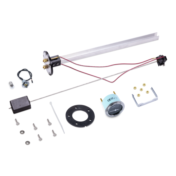 A complete kit of components for a linear actuator, including a long silver aluminum rod, a light blue pressure gauge, a black circular gasket, mounting brackets, screws, washers, a black control box, and wiring, all arranged neatly on a solid white background.