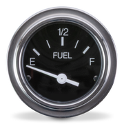 A round fuel gauge with a black face, white markings and hands, and a polished silver chrome bezel, shown on a white background.