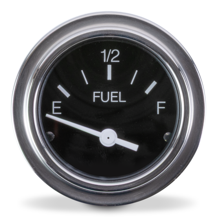 A round fuel gauge with a black face, white markings and hands, and a polished silver chrome bezel, shown on a white background.
