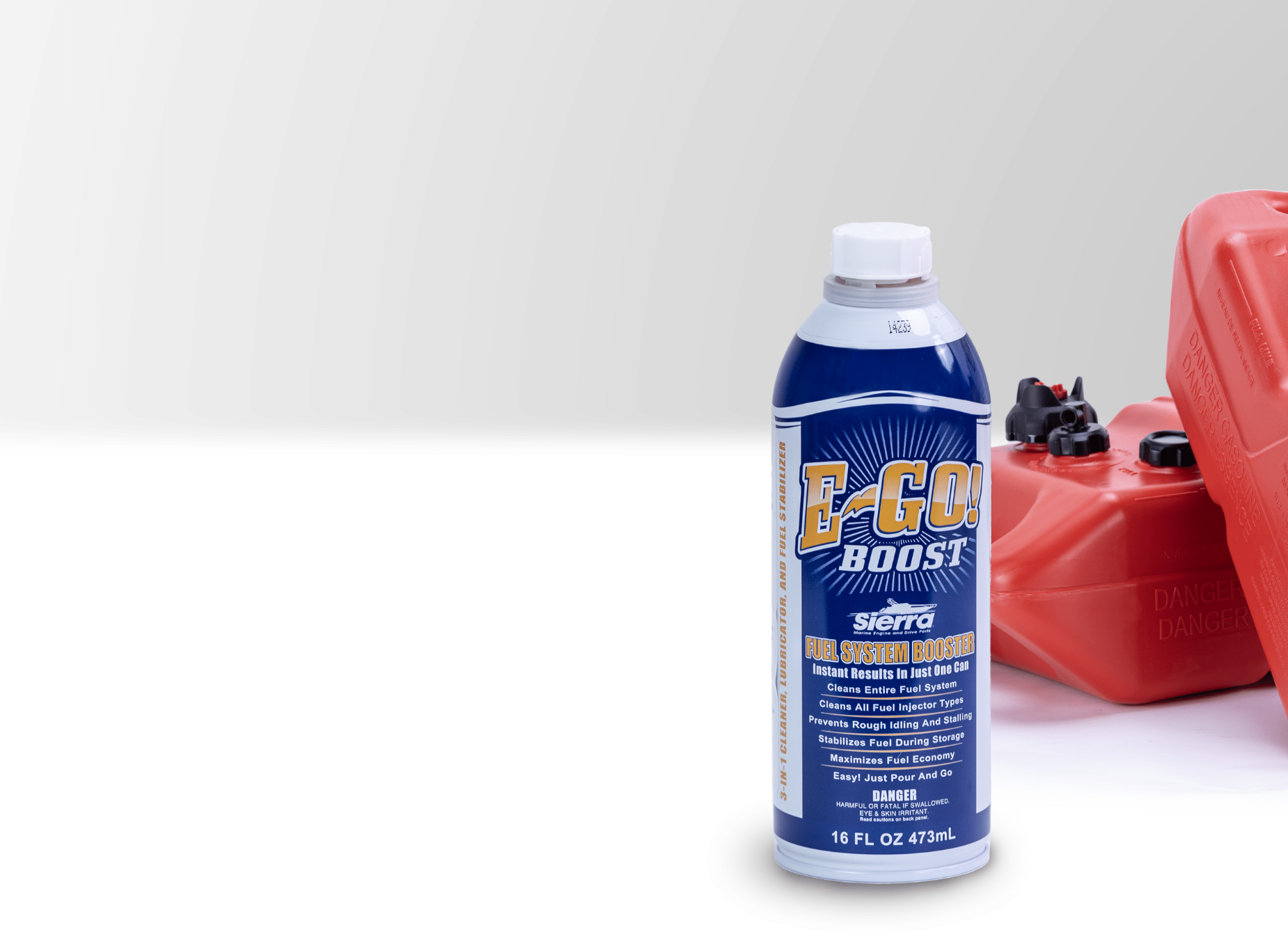 E-GO! Boost bottle with a red fuel container on a white background